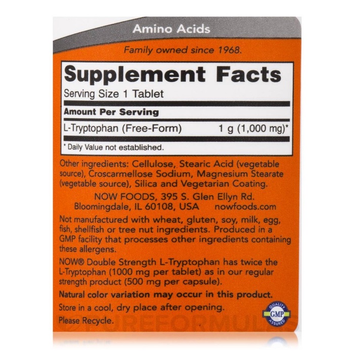 Now Foods L-Tryptophan Double Strenght 1000 mg 60 Cap - Now Tryptophan