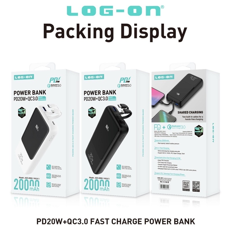 POWERBANK LOG ON 20RB MAH JGO-200H / HULK 1 PD20W + QC3.0 FAST CHARGING 22.5W