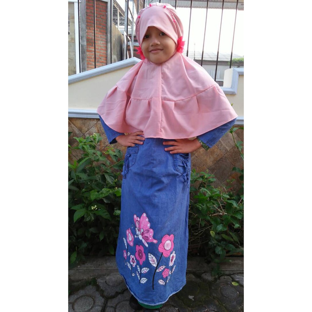 Baju Muslim Gamis Anak Perempuan - Semi Jeans Bunga-bunga + Jilbab