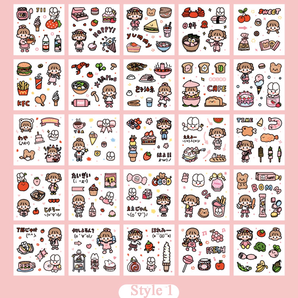 QUINTON Gift Box Kawaii Sticker Set Cartoon Stationery Decorative Sticker Packing Decoration DIY Scrapbooking Waterproof 100 pcs/box Drink Food Animals Girls Pattern Diary Photos Albums Adhesive Decals