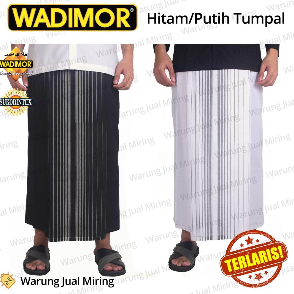 0PV Sarung WADIMOR Hitam Putih Polos Tumpal Garis Salur Kain Samping Katun Tenun Muslim Dewasa Pria 