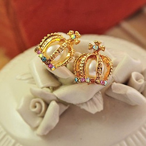 Anting Model Ear Stud Berhias Mutiara Imitasi Warna-warni Bentuk Mahkota Putri