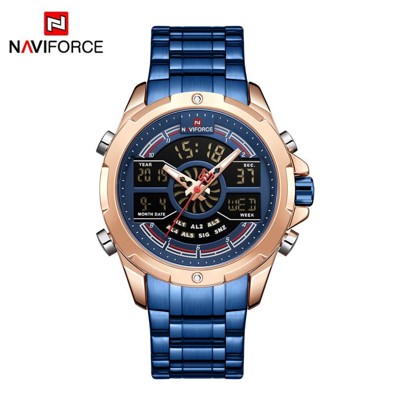 Jam Tangan Pria Original Naviforce 9170 Double Time Digital Analof Rantai Stainless Steel