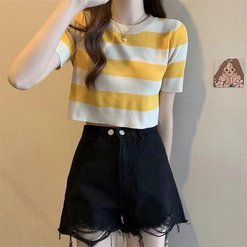 Yoona Crop Knit Top - Top Stripes Colour Knit Import TM ((A482-1)