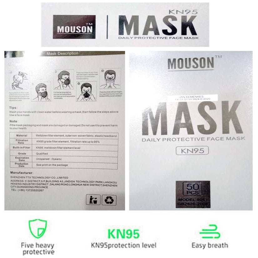 MASKER KN95 MOUSON / MASKER 5 LAPIS (ISI 50 PCS PER KOTAK)