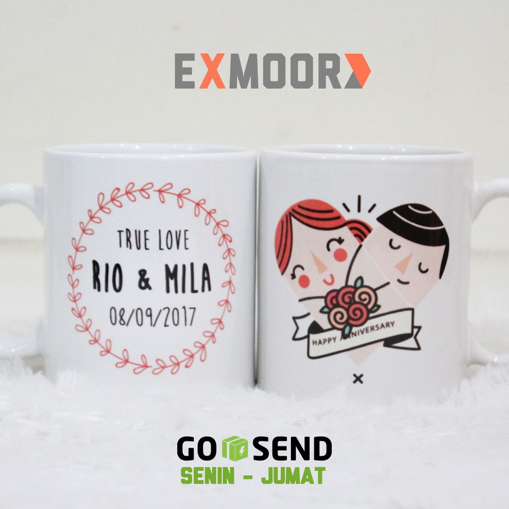 Kado Anniversary Mug Couple Cute Doodle &amp; Wreath Floral