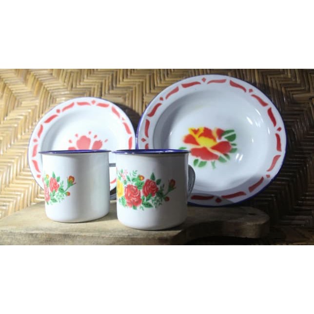 Mug Cangkir Kecil Mini Motif Bunga Enamel Seng Kaleng Jadul Vintage