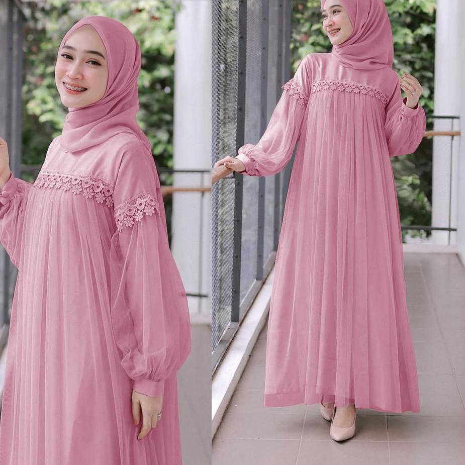 ♡ MAXI DRESS PANJANG NURAINI | GAMIS MUSLIM MURAH PEREMPUAN BROKAT TILE CANTIK RENDA IMPORT TERBARU