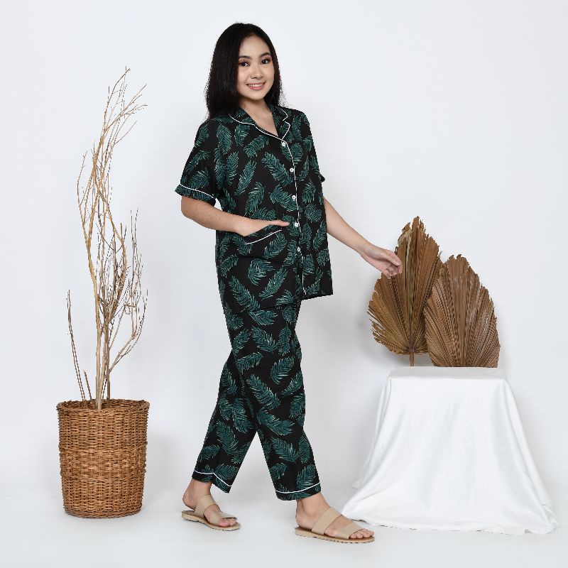 Baju Tidur Piyama Wanita Dewasa Motif Coco Daun CP Lengan Pendek Celana Panjang Kekinian