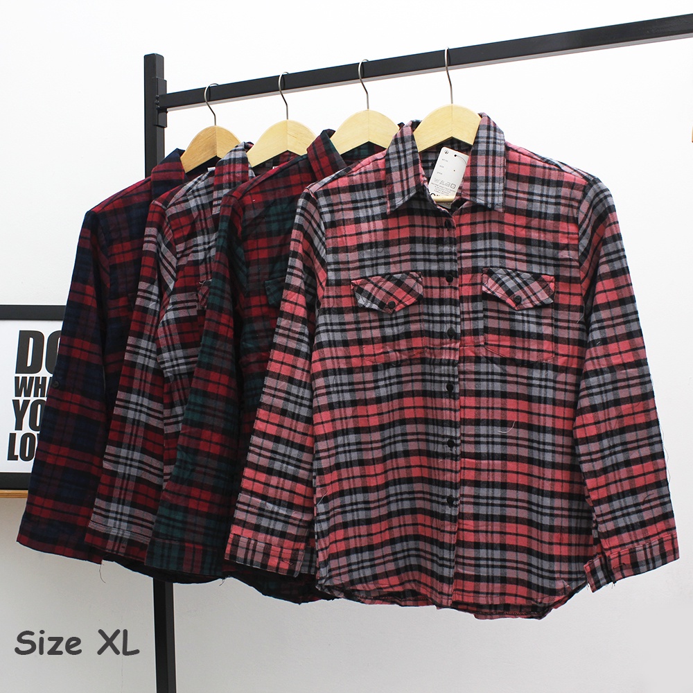 𝑱𝒂𝒌𝒂𝒓𝒕𝒂𝑭𝒂𝒔𝒉𝒊𝒐𝒏 kemeja flanel cewek XL basic kotak lengan panjang big size tartan shirt top