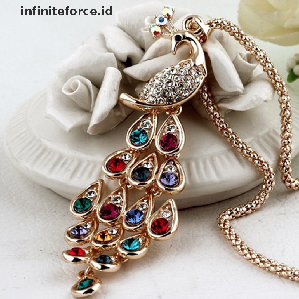 Infiniteforce.id Kalung Rantai Panjang Wanita Liontin Burung Merak Hias Kristal Multi Warna