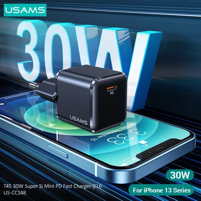 USAMS Adapter Quick Charger Type C PD Super Si 30W Adapter Charger Super Fast