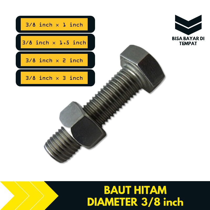 Baut Mur Hitam Diameter 3/8 Inch M10 Kunci 14 Panjang 2.5 4 5 7 cm