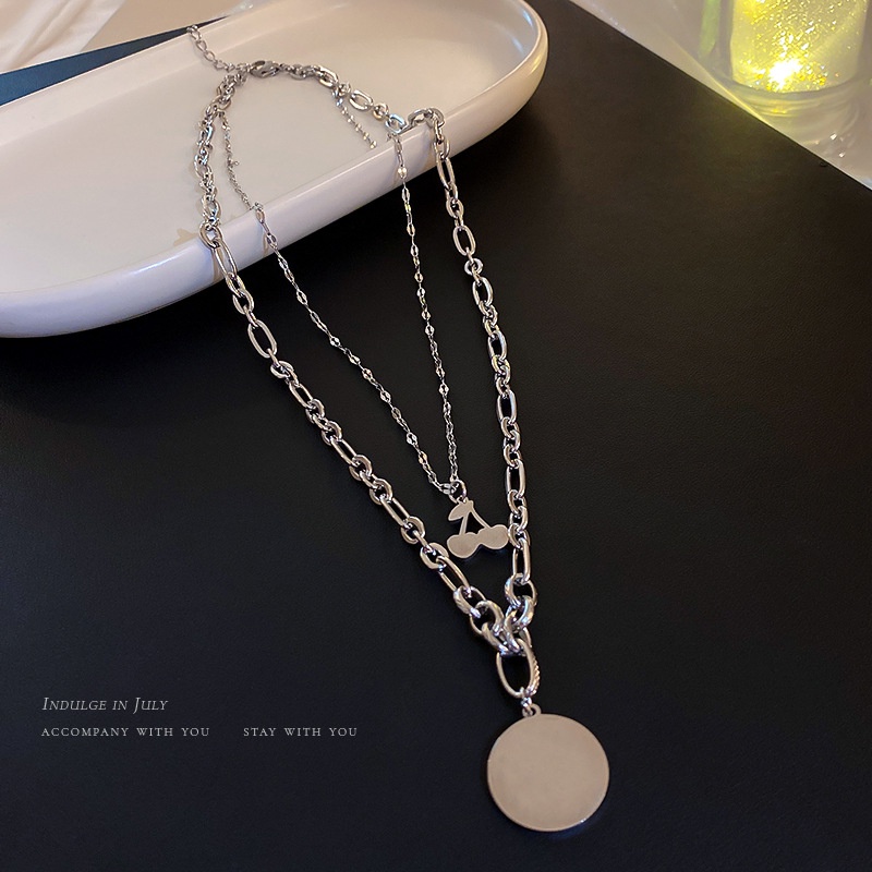 Kalung Rantai Multi Layer Liontin Cherry Daisy Warna Silver Untuk Wanita