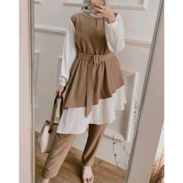 ONE SET JUMBO XXL - STANDART L / XL - ONE SET NIKEN SET / SETELAN WANITA ONE SET DAILY SET TUNIK  FASHION WANITA-ZAZA MOCA XXL