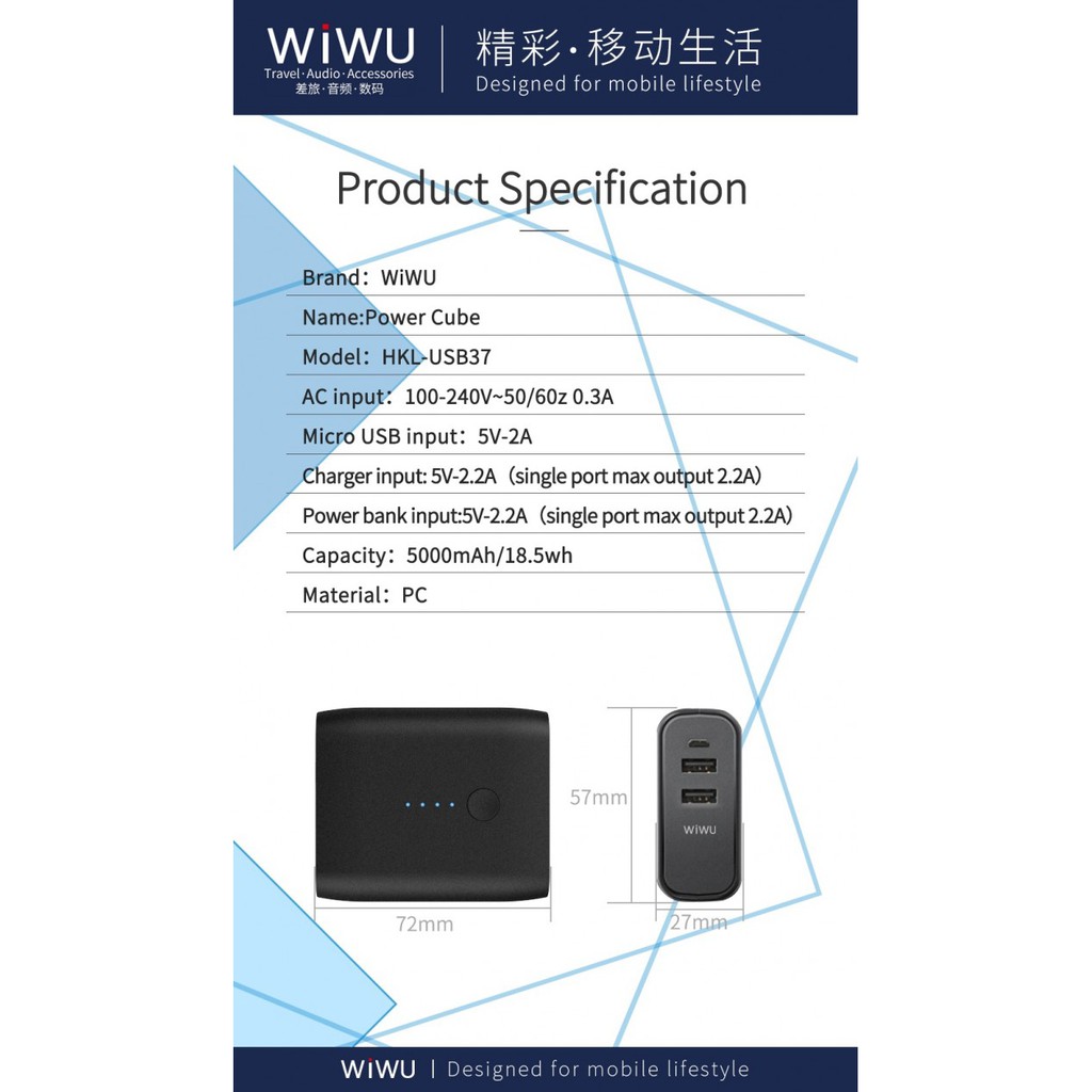 WIWU POWER CUBE HKL-USB37 - 2-in-1 Power Bank 5000mAh and Wall Charger