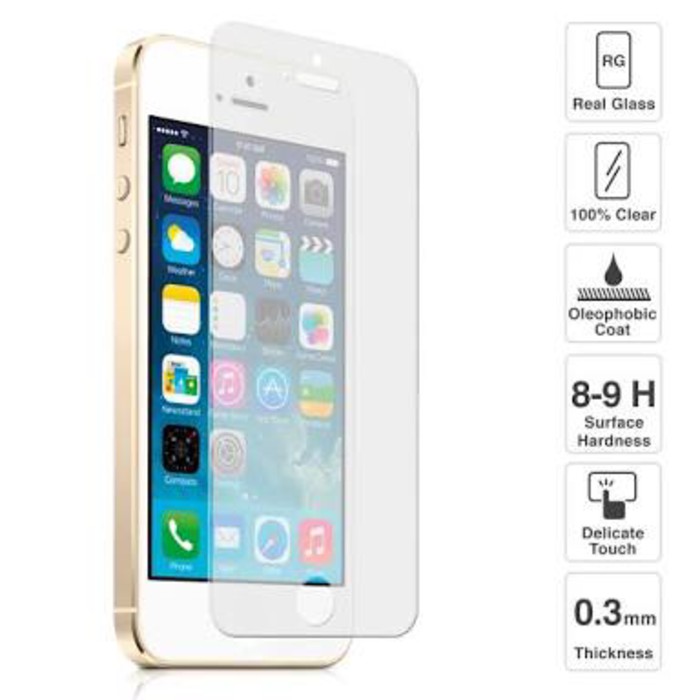 TEMPERED GLASS 9H HARDNESS 0.3mm THICKNESS 2.5D ARC EDGE iPhone 5/5s