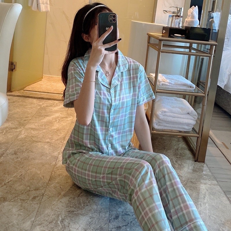 Piyama Korean Motif kotak lengan pendek