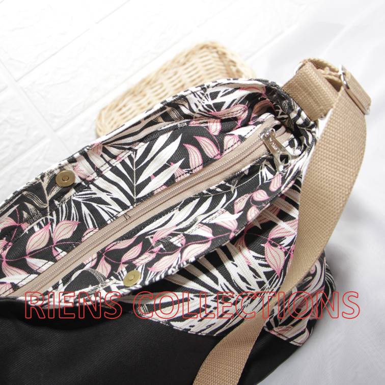 RIENS COLLECTIONS. TAS SELEMPANG SLING BAG KANVAS KOMBINASI FLORAL PALM HITAM SLC0101