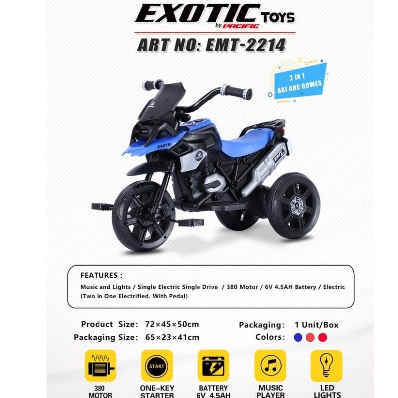 MAINAN MOTOR AKI ANAK SEPEDA RODA 3 TRICYCLE EXOTIC EMT 2214 2 IN 1 MUSIK LAMPU BY PACIFIC