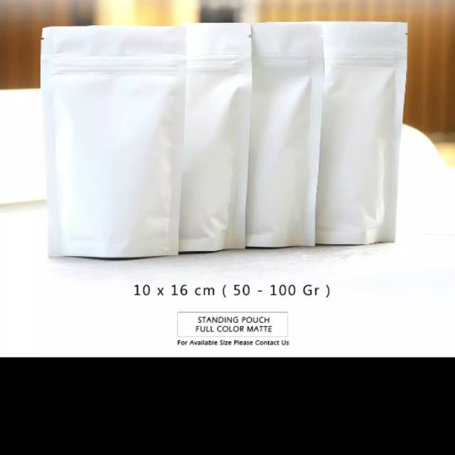 

Kemasan standing pouch white 10x16