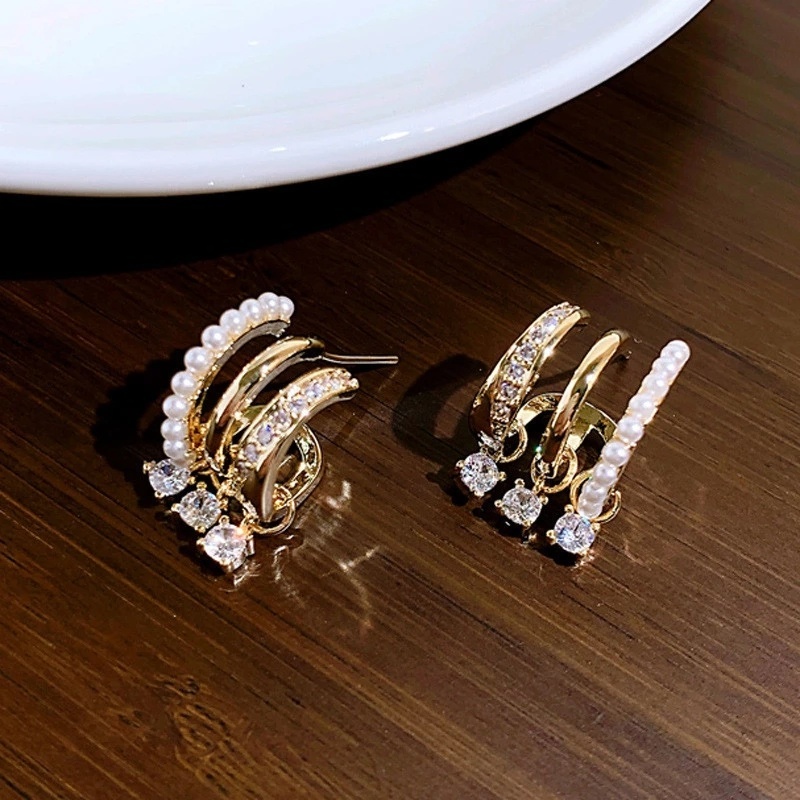 Anting Stud Zircon Mutiara Berlian Imitasi Multilayer Gaya Korea Untuk Wanita