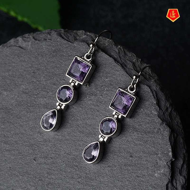 [Ready Stock]Charming Lavender Amethyst Rhinestone Earrings Retro Personality