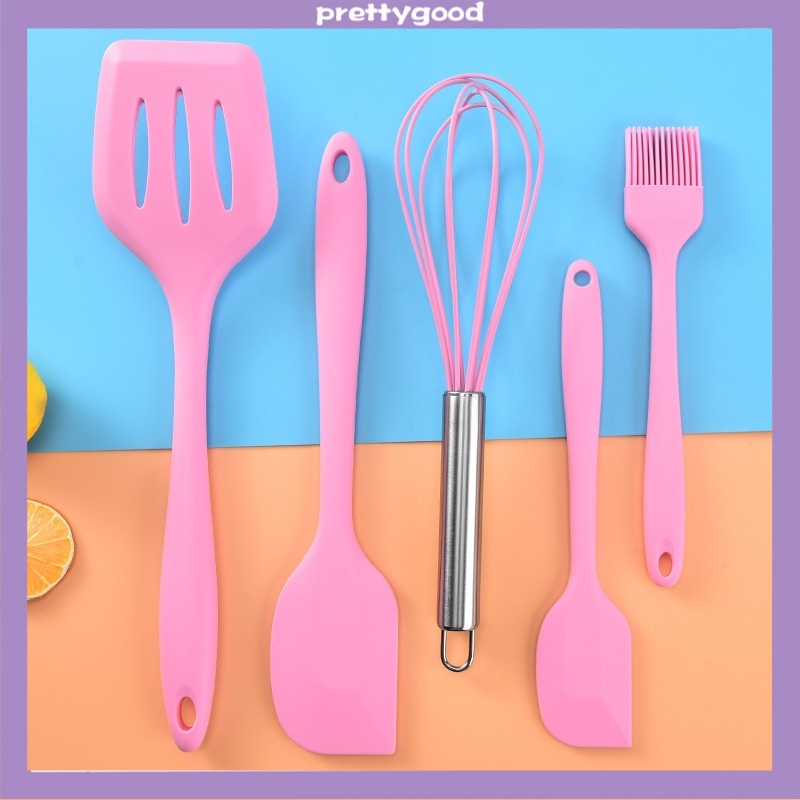 5 Pcs/1 Set Silicone kitchenware set baking Spatula pencampur-Girlish Pink - PD