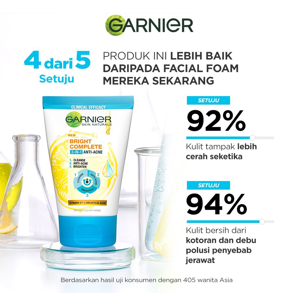 Garnier Bright Complete 3-in-1 Anti Acne Facial Wash 50ml | 90 ml - Pembersih Wajah Lawan Jerawat