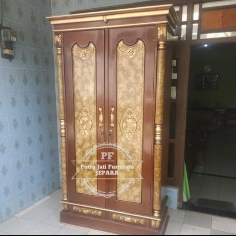 Almari/Lemari pakaian pintu 2 kayu jati warna kombinasi mebel Jepara murah