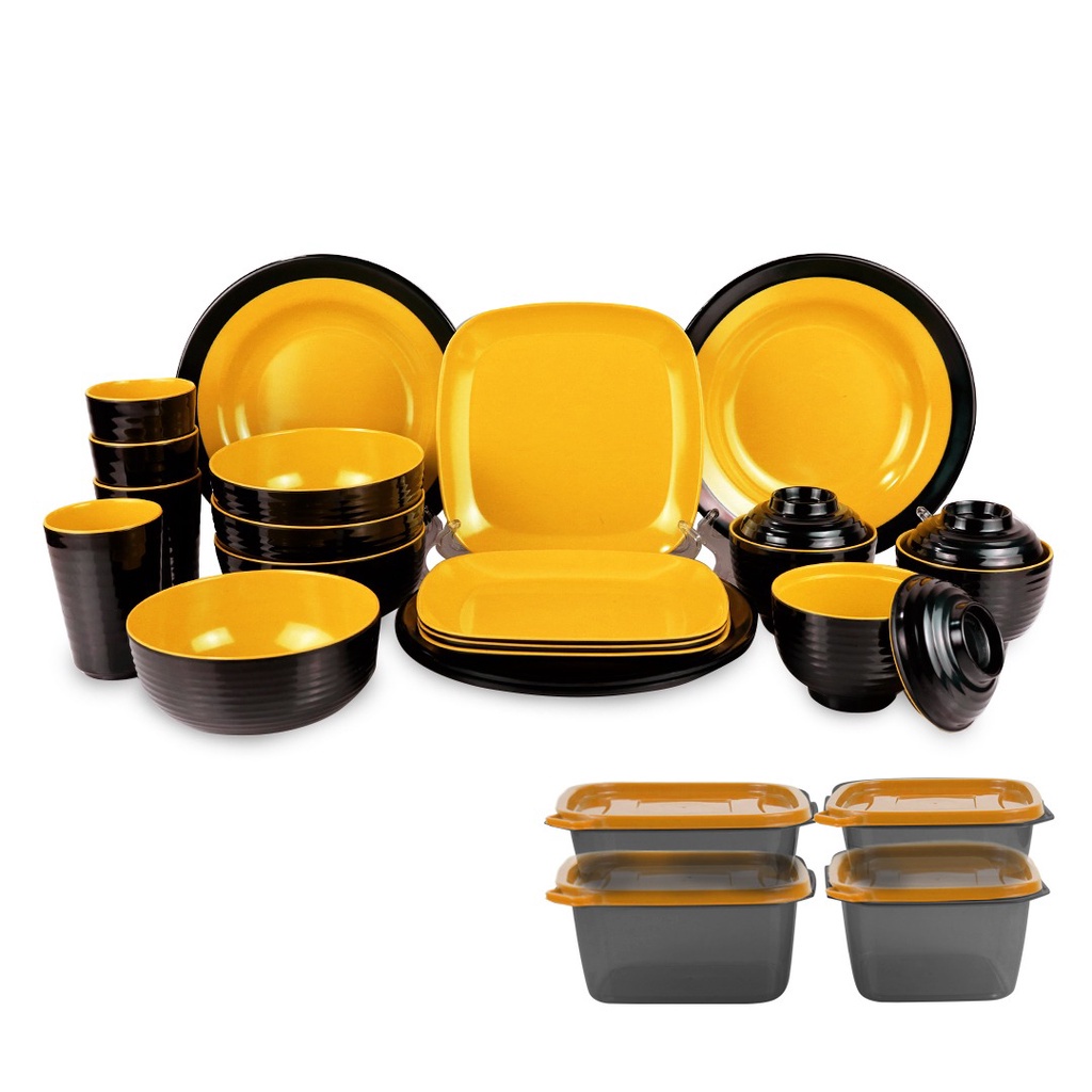 Melamin Set 2 warna 23 Pcs Free Lunch Box / Dinner Set 23 pcs Two Tone Melamine - Gift Set - Dinnerware set - Tableware Set - Golden Dragon