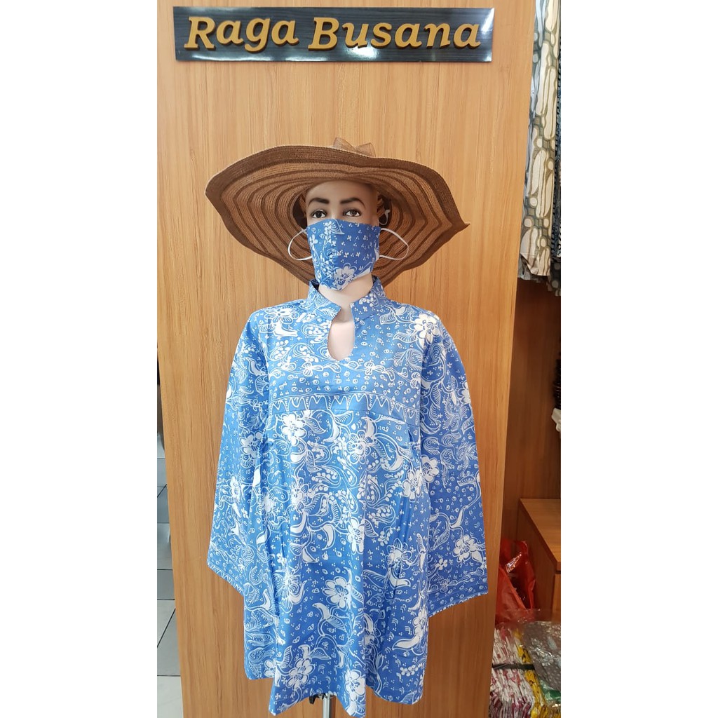 Batik lengan panjang wanita Lasem Biru Bunga Putih + masker(free)