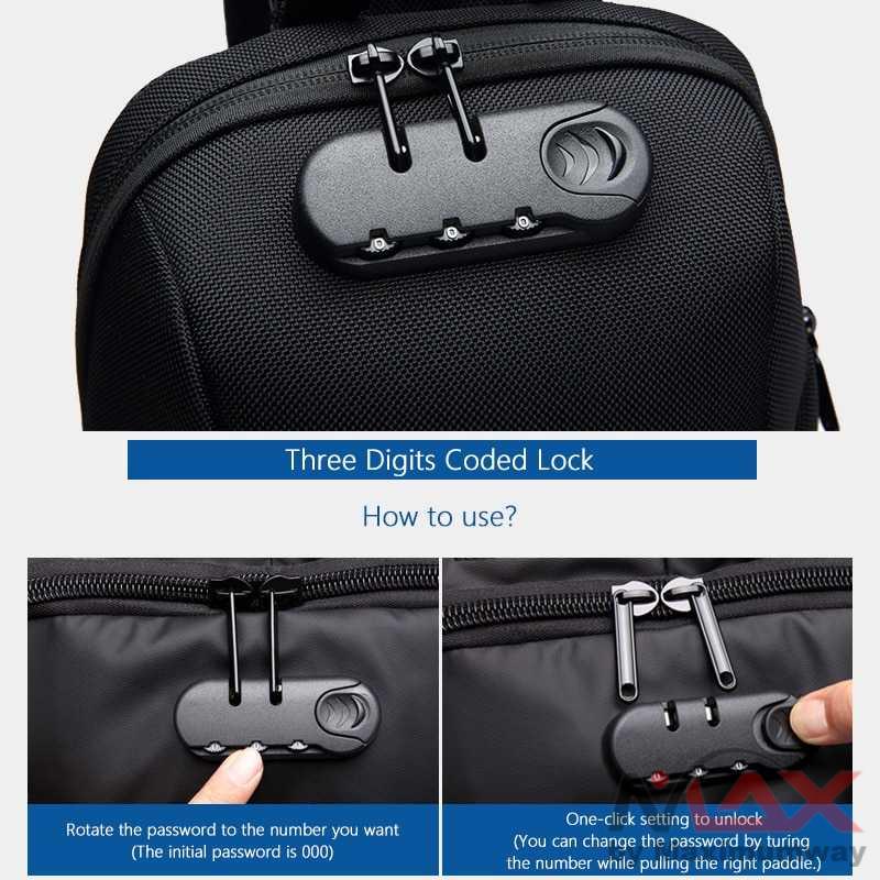 Tas Selempang Bag Build in kunci gembok Coded Lock with USB Charger Port pria wanita kerja kampus