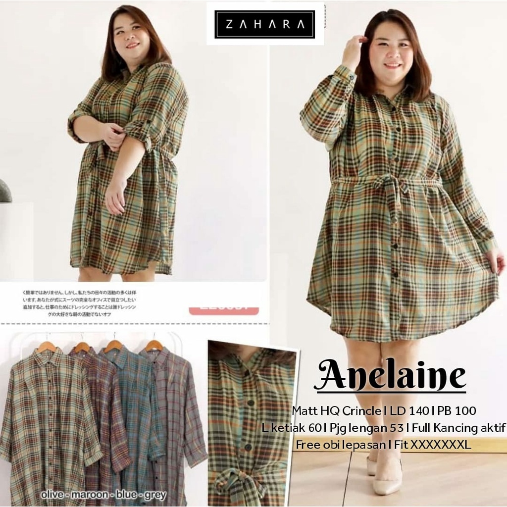 Anelaine Kemeja Kotak-kotak Jumbo Wanita LD 140 cm Atasan Tunik Busui Friendly Ful Kancing Tali Ping