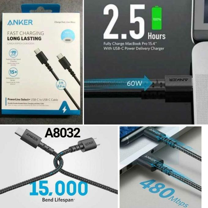 ANKER A8032 PowerLine Select Plus -USB-C to USB-C Cable 60W 3ft - 90cm ary55 dijamin