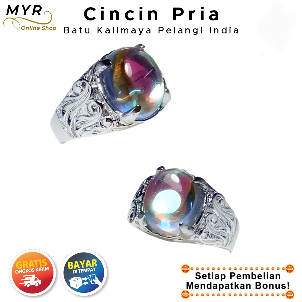 BISA COD Cincin Pria Batu Akik Kalimaya Pelangi India Keren Mewah Mulia Asli Alam Ring Rodium