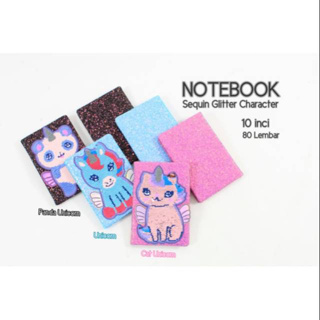 NOTEBOOK SEQUIN GLITTER CHARACTER UNICORN PANDA CAT DIARY