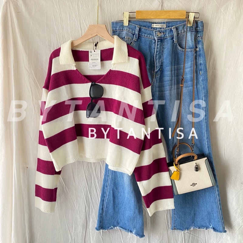 SWEATER FUJI /BAJU RAJUT FUJI /SWEATER CROP FUJI/FUJI/CROP RAJUT ALDA STRIP READY GARIS OVERSIZE BLOUSE RAJUT MOTIF GARIS