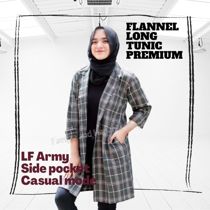 Sarfa Flanel Tunik Kemeja Outer Wanita Casual Hijau Army Size M-L-XL