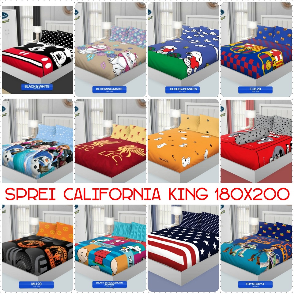 SPREI CALIFORNIA 180X200 160X200 MICKEY, SNOOPY, TOY STORY FROZEN, MEOW, STAR STRIPE BARCA, MU BARU
