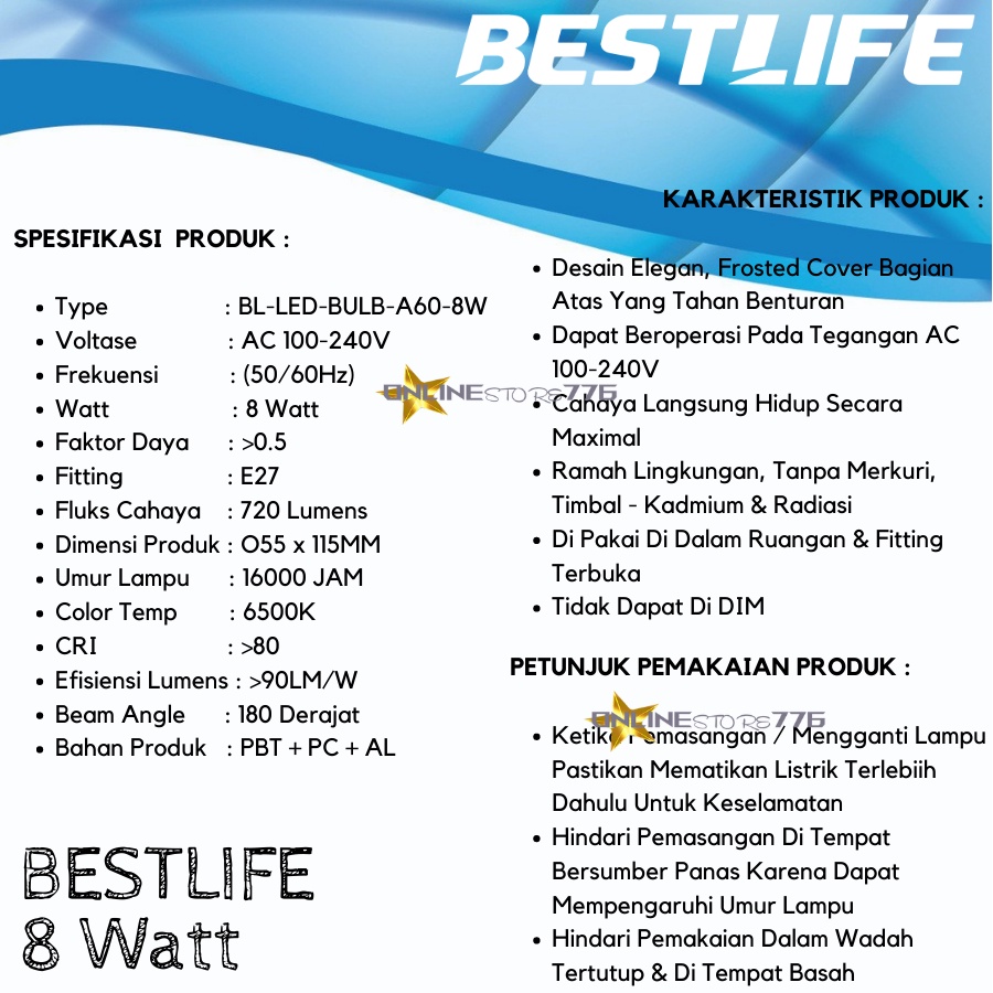 LAMPU BOHLAM LED BESTLIFE 8W / LAMPU LED BESTLIFE 8 WATT / BOHLAM GARANSI 1 TAHUN / CAHAYA PUTIH