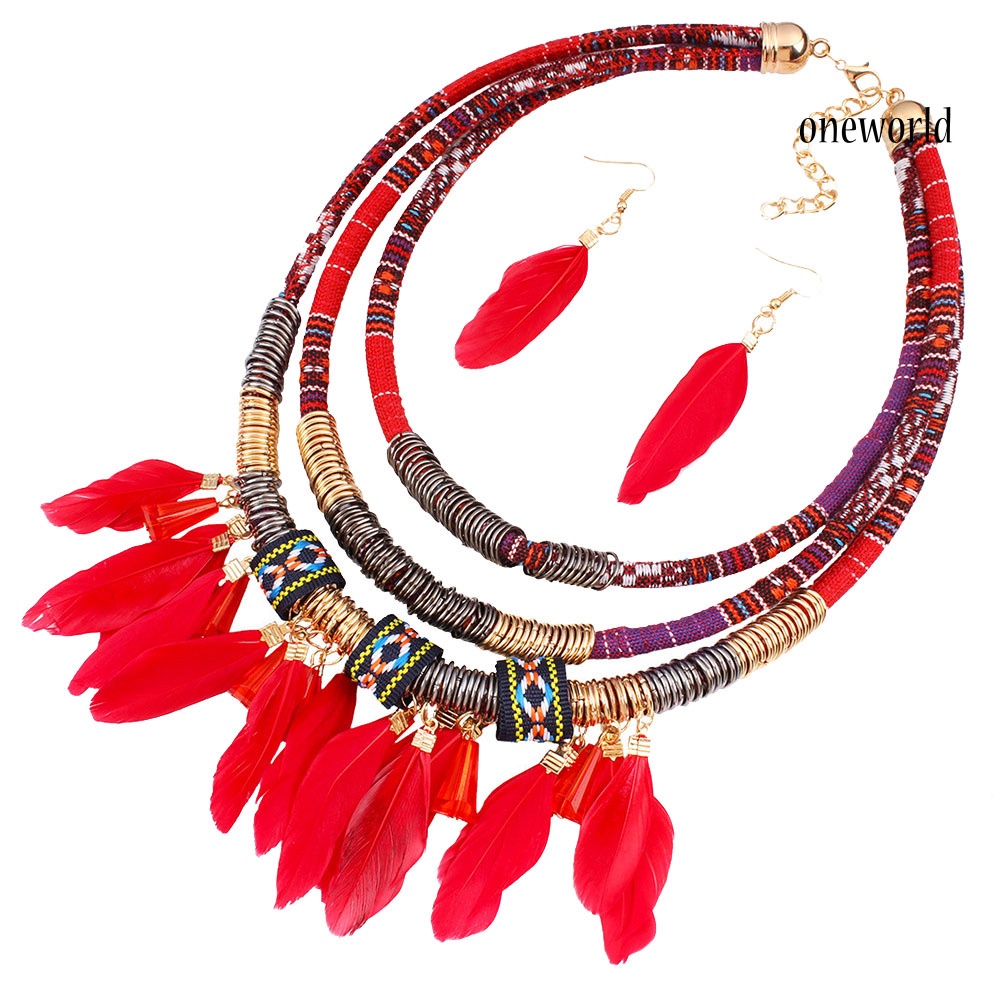 OW@ 2Pcs Feather Tassel Charm Multilayer Choker Lady Statement Necklace Earrings Set