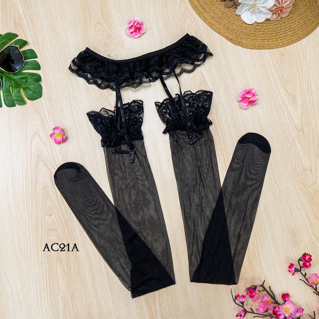 [PRODUK TERMURAH] GARTER BELT SABUK PAHA + STOCKING SEXY LEGGING TRANSPARAN HITAM AC21A