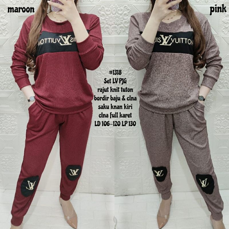 Set LV PJG  rajut knit tutonbordir baju & celana saku kanan kiri full karetLD 106-120 LP 130