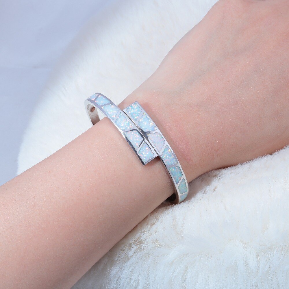 Blue &amp; White Fire Opal Stone Open Bangle 925 Silver Adjustable Double Multilayer Bracelet Summer Party Jewelry Female