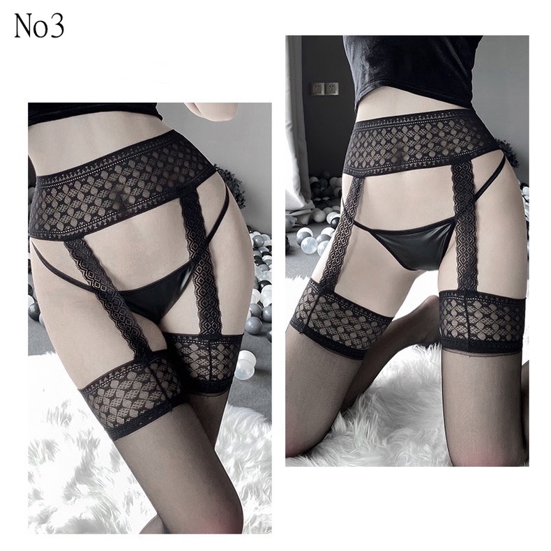 Stoking Wanita Stoking Garter Transparan Paha High Waist Ketat Tubuh Stocking dan Thong 6S