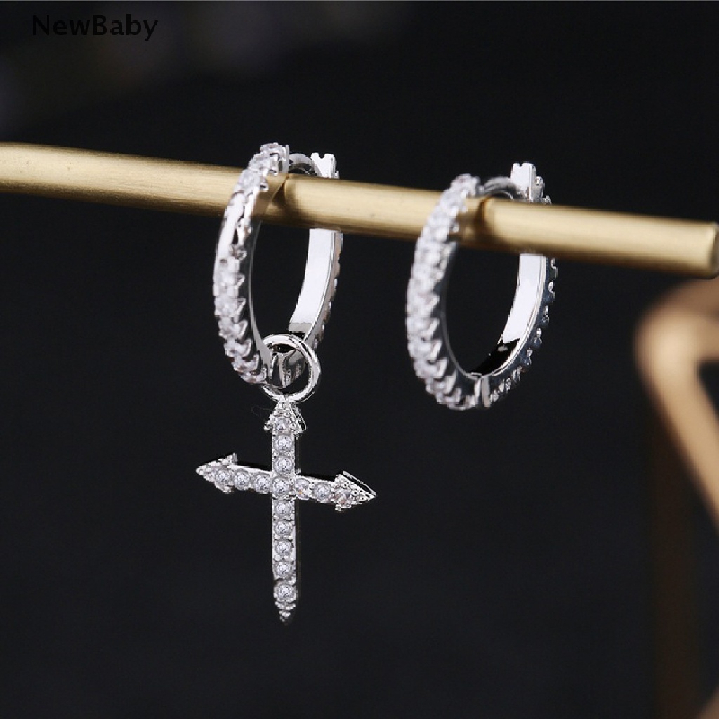 Anting Bulat Sterling Silver Desain Salib Asimetris Hias Cubic Zircon Untuk Wanita