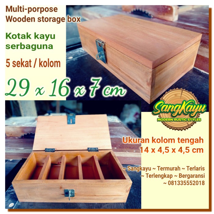 Kotak penyimpanan serbaguna storage box kayu sekat 29x16x7cm kotak kai