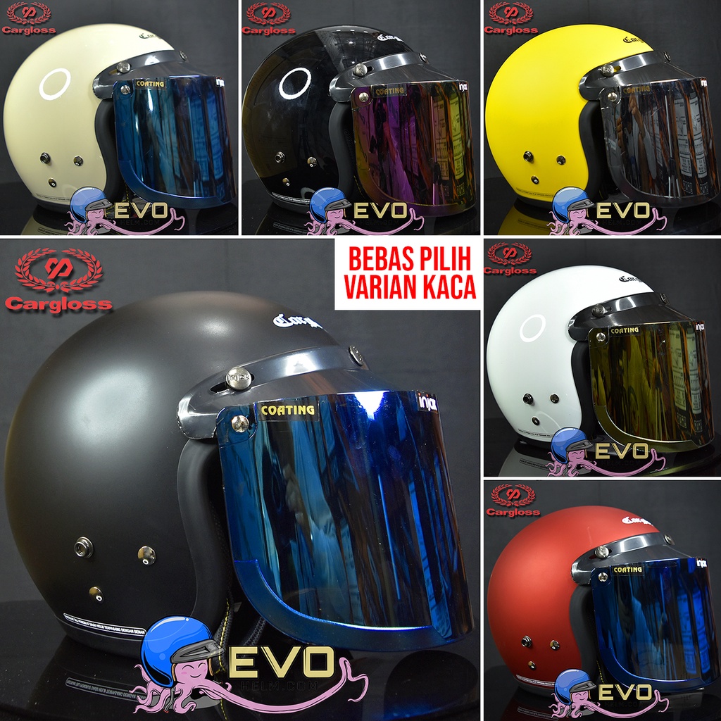 HELM CARGLOSS CFM RETRO ORIGINAL WARNA LENGKAP CARGLOSS KACA DATAR INJAK SILVER PELANGI GOLD BIRU - FREE BUBBLE WARP ( ONGKIR 1KG SAJA )