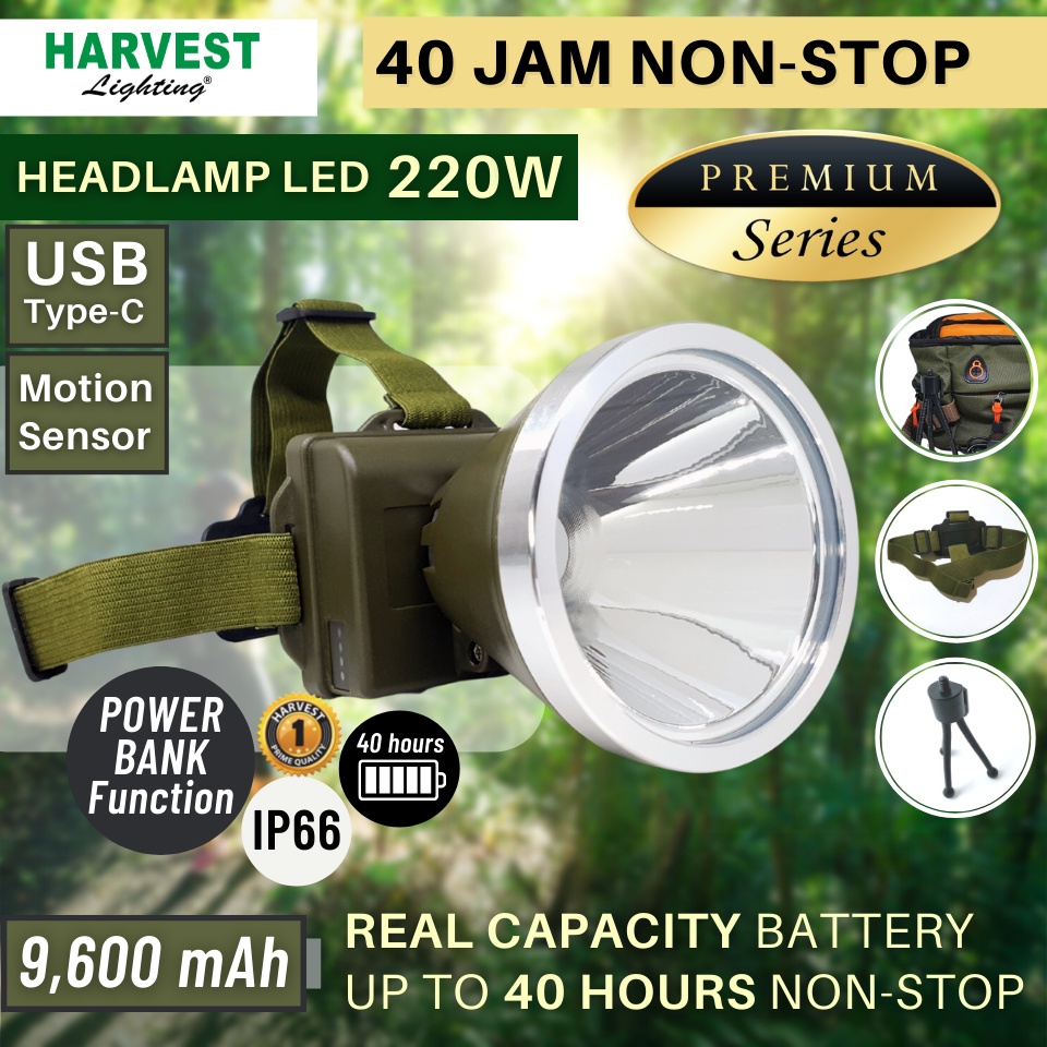 220W Headlamp Premium HARVEST LIGHTING Senter Kepala LED Lampu Emergency Travel Tambang Hunting Berburu Rechargeable Original Bergaransi